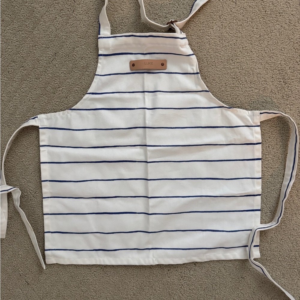 Kids Cream and Blue Striped Apron with leather name plate “Luke”